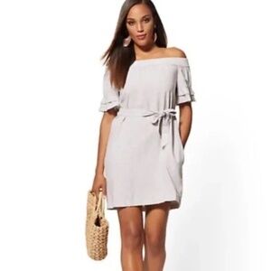 New York & Company Pinstripe Linen Off-The-Shoulder Shift Dress Women Size L
